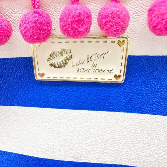 Betsey Johnson Luv Betsey Crossbody Bag Blue White Stripe Pink Strap Pom Accents - Picture 4 of 10